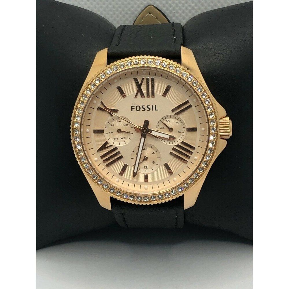 Fossil AM4483 Women's Black Leather Analog Rose Di